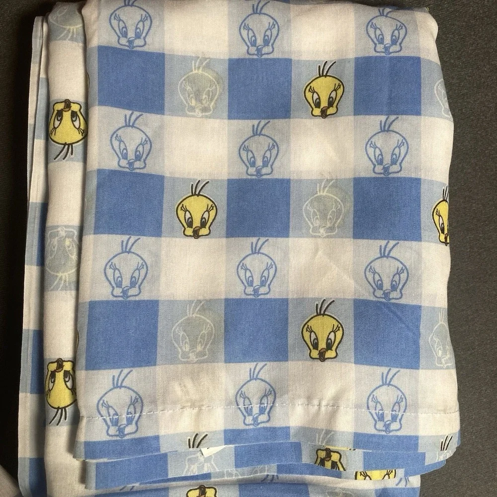 90's Vintage Tweety Bird Twin Flat & Fitted Sheet Blue White & Yellow Bibb Co,